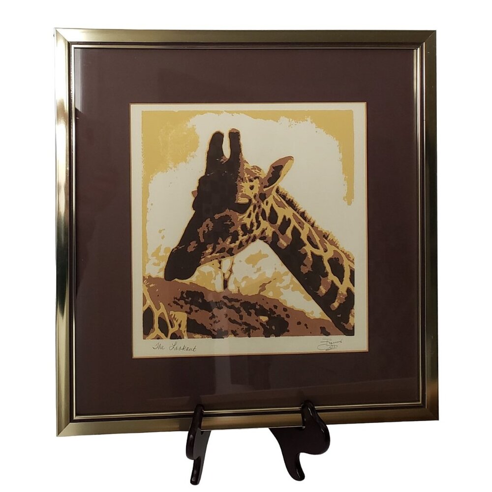 Vintage Artist Signed Framed Expressive Giraffe Screen Print, Ready to Hang